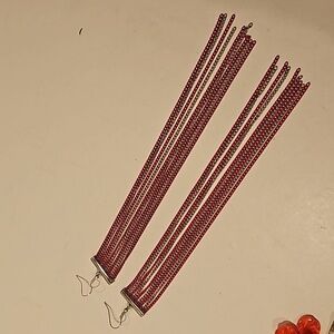 LONG Silver & Red Chainlink 7 1/2" Long Pierced Earrings